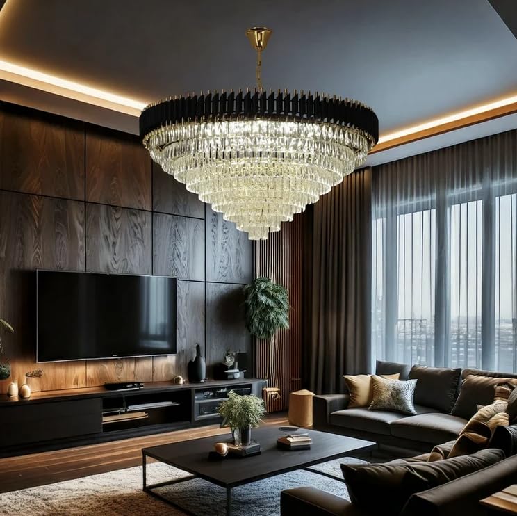 Image of Harold Electricals Stainless Steel Black Mamba Round K9 Crystal Chandelier | Alexa Enabled Modern Chandelier Light Fixture for Hallway, Living Room, Hotel & Entryways - Warm White, 38 Inch (950mm)