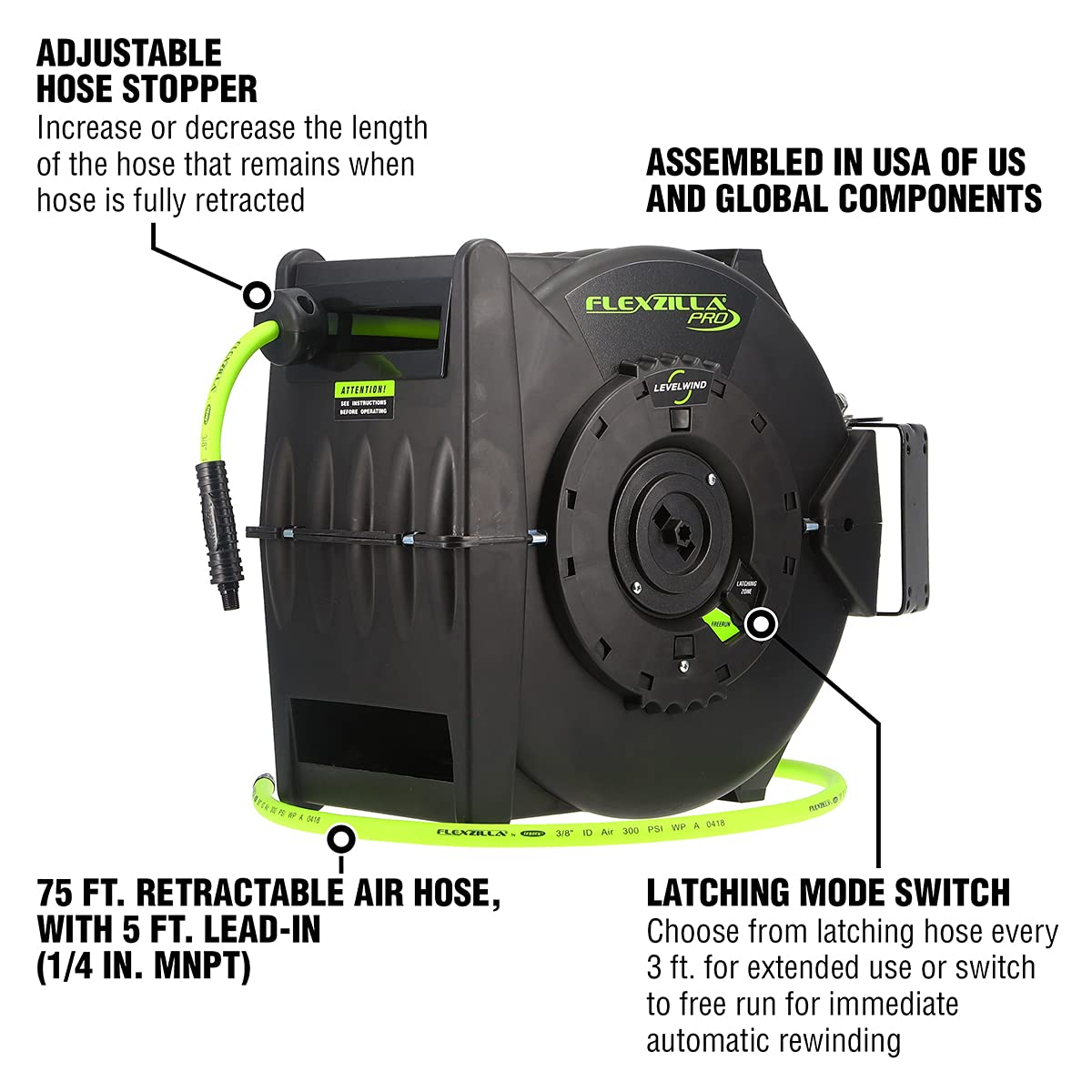 Flexzilla Levelwind Retractable Air Hose Reel, 3/8 in. x 75 ft, Heavy