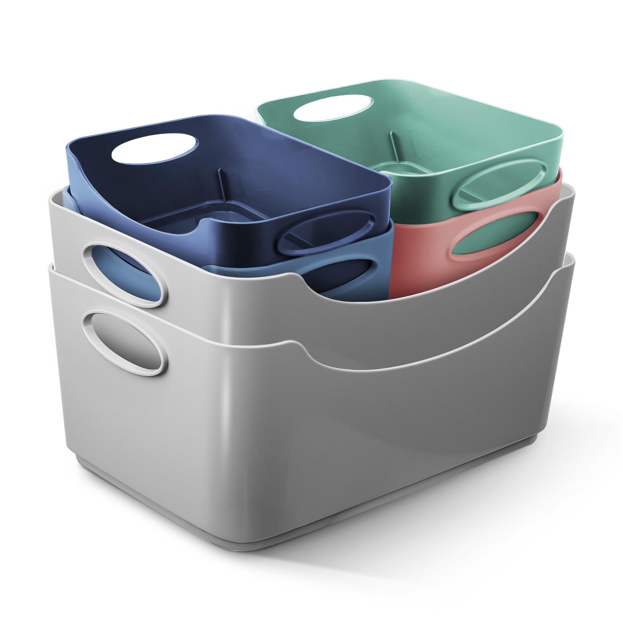 KEPLIN 6 Pack Plastic Storage Baskets with Handles, BPA-Free Dishwasher Safe Organiser Boxes for Kitchen, Bathroom, Pantry, Shelves & Drawers, Lightweight Space-Saving Containers, 33.3 x 23.4 x 14 cm