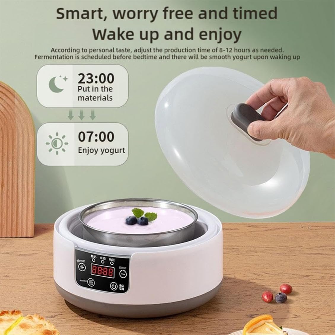 Maszyna do jogurtu z regulowaną regulacją temperatury i czasu, automatyczna cyfrowa maszyna do jogurtu z wyświetlaczem LCD, zawiera 5 szklanych słoików do domowego jogurtu