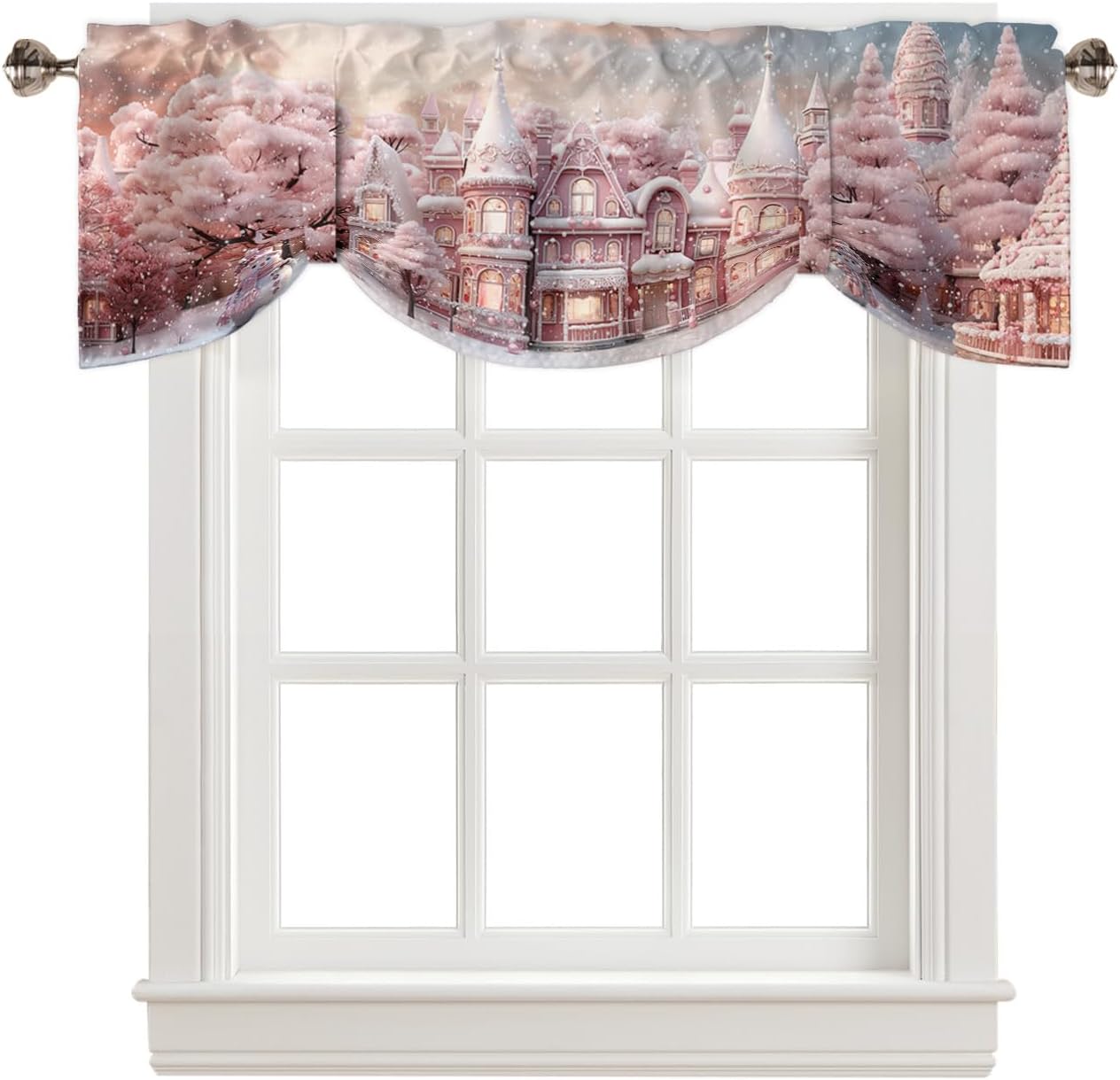 Pink Christmas House Tie Up Valance for Window, Xmas Romantic Dreamlike Blush Snowflake Winter Adjustable Balloon Window Shade Valance Curtain for Kitchen Cafe Bathroom Window Treatment 1 Panel 60x18