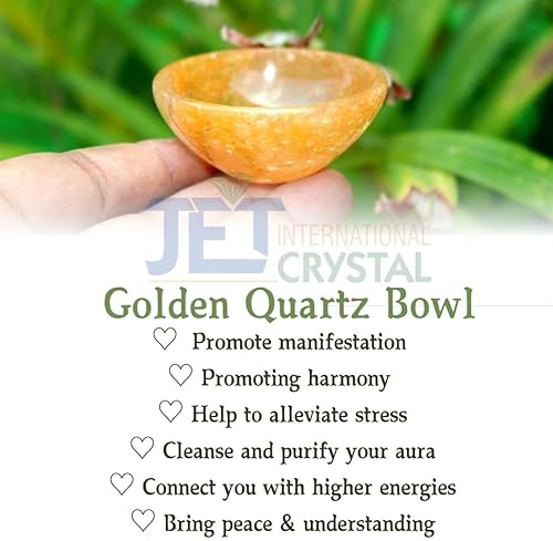 Miniatura 3 de Jet Natural - Cuenco de cuarzo dorado de 2 pulgadas con piedras preciosas A+, tallada a mano, bandeja curativa de altar de cristal raro, folleto