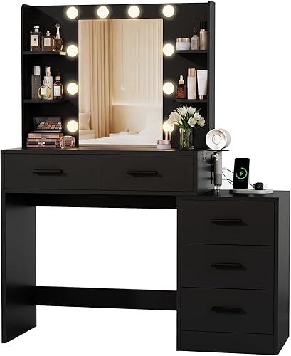 Miniatura 12 de Furmax Tocador con Espejo y Bombilla LED, Mesa Pequeña de Maquillaje con Cajones, Mesa de Vestir con Enchufe Eléctrico y Soporte para Secador de