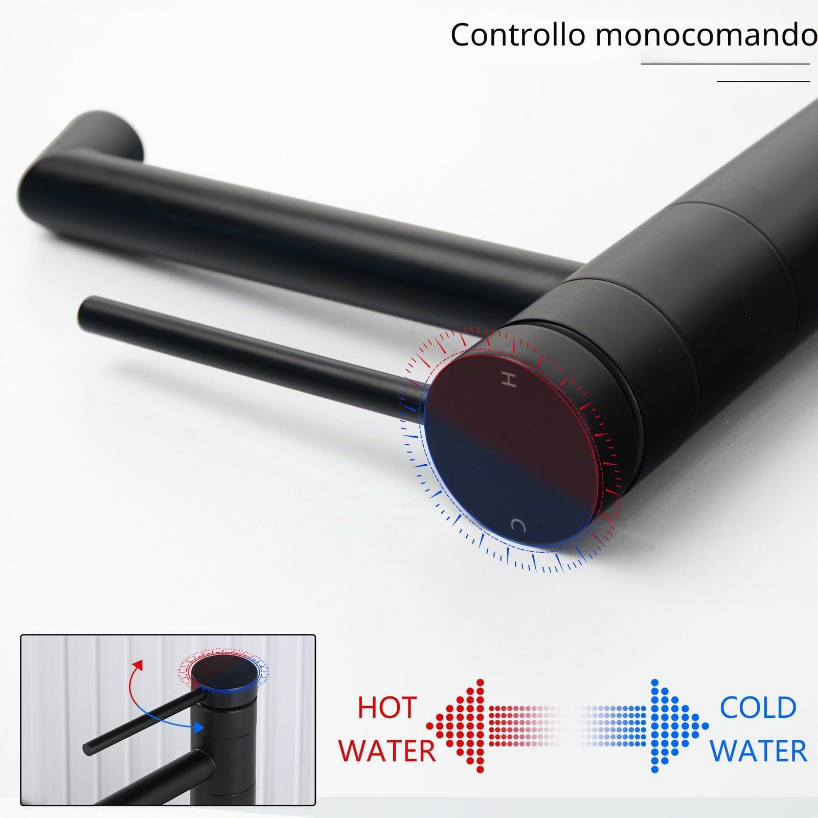 Rubinetto Miscelatore Lavabo a 360°, Monocomando per Lavabo e Lavandino, Nero