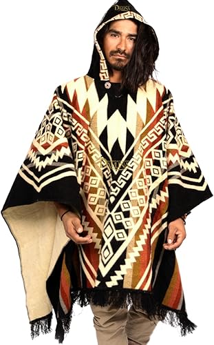 Miniatura 3 de Poncho de lana ALPACA con capucha y estampado azteca, único y hecho a mano en Ecuador. Poncho de lana grueso, cálido y suave