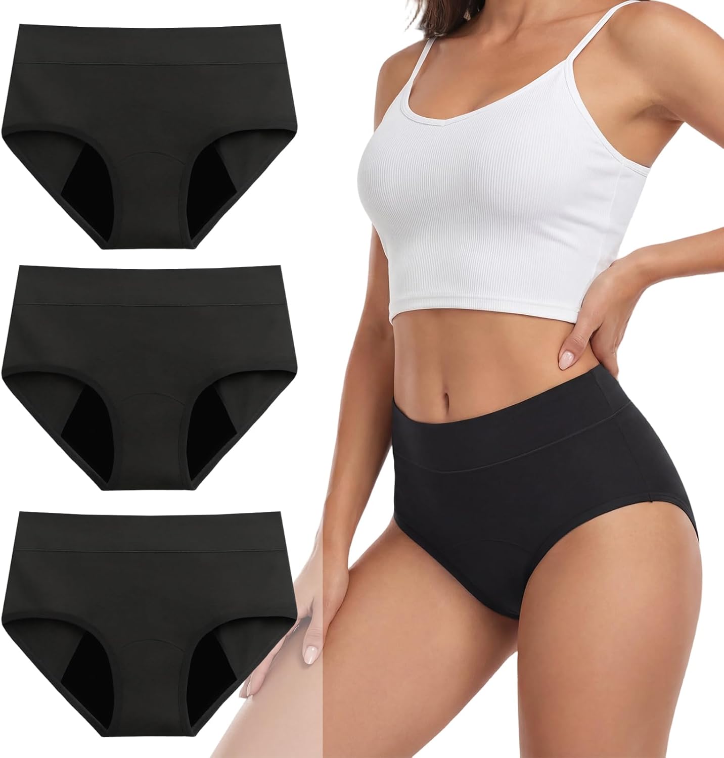 Period Underwear for Women, High Absorbency Leakproof Panties for Incontinence & Postpartum, Cotton Briefs 3 Pack