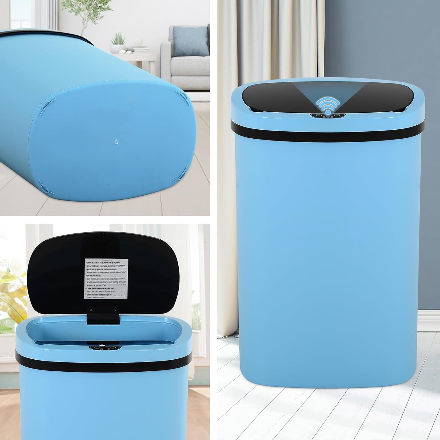 Touch-Free 13 Gallon Garbage Can with Lid - Durable Plastic Automatic Trash Can for Kitchen & Bathroom - 50L High-Capacity Waste Bin (1, Blue)