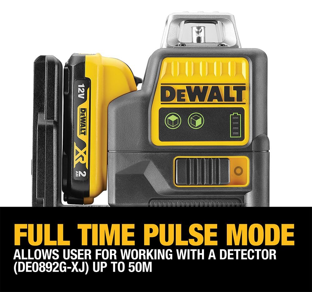 DEWALT DCE0811D1G-QW - Nivel Láser Autonivelante Verde, 2 Líneas 360°, Batería Li-Ion 2Ah XR 12V, Resistente IP65, Test de Caída 2m, Proyección Horizontal y Vertical, Incluye Pack de Batería 12V