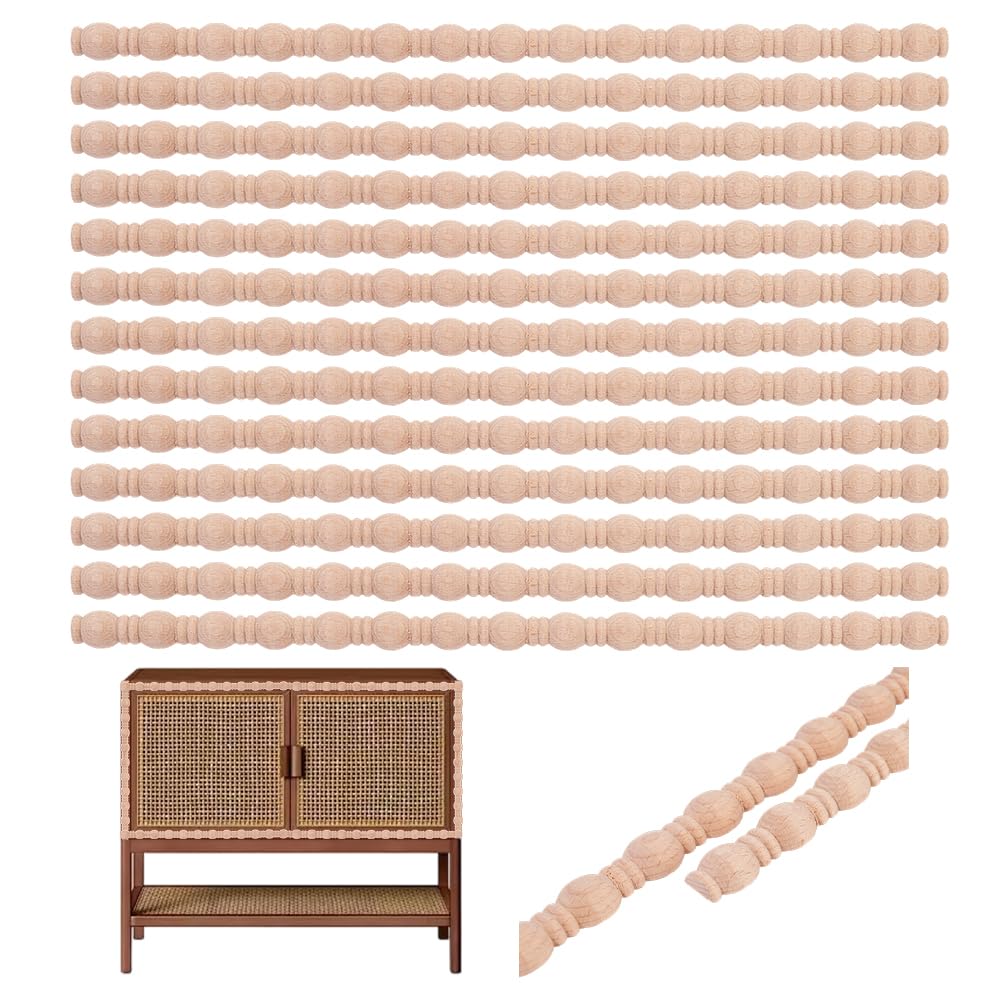 BENECREAT 15Pcs Unfinished Wood Trim Decorative Molding Antique White Unfinished Trim Natural Wood Material with Gourd Carving Design for Walls Doors Cabinets, 41.3x1.8cm/ 16.26x0.7inch