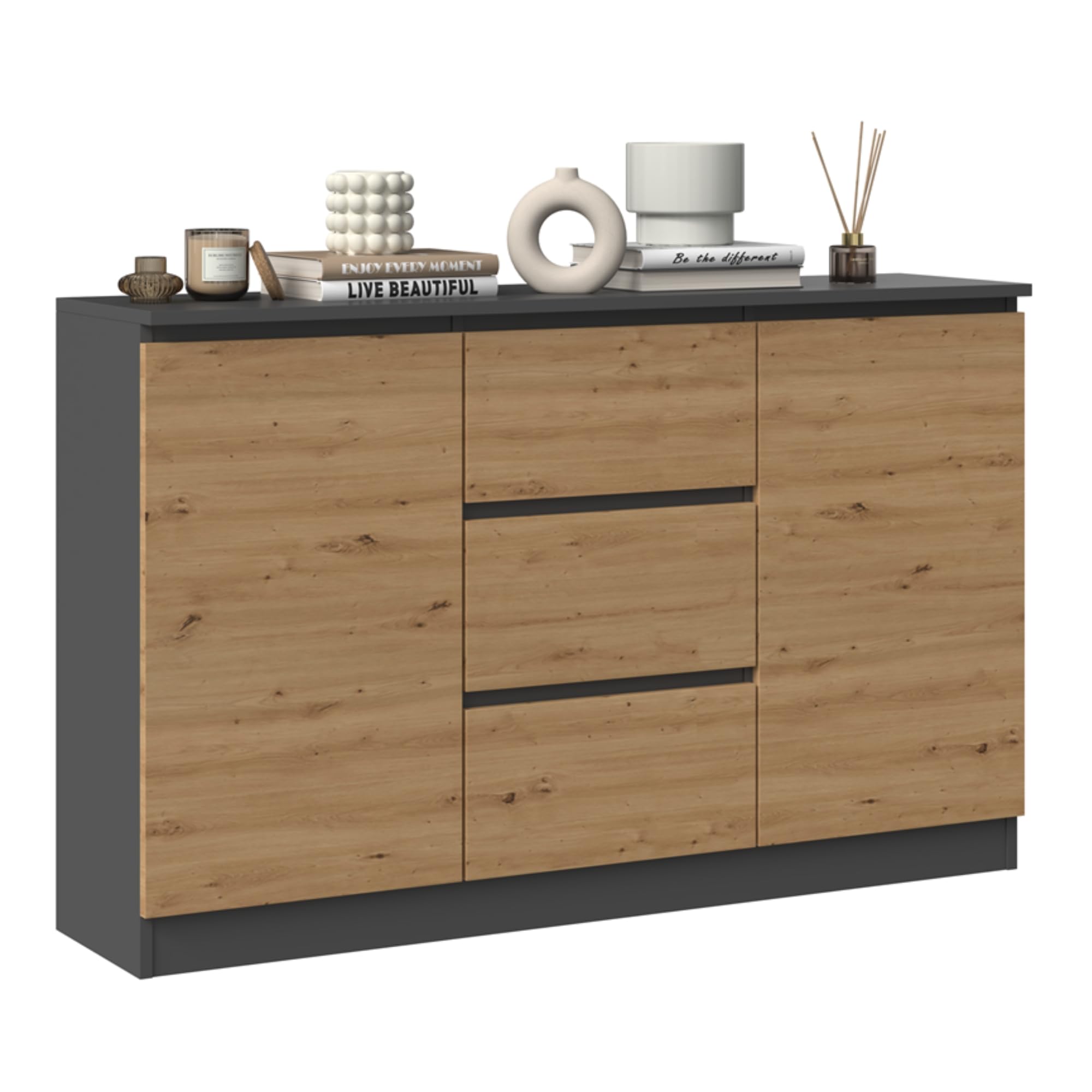 Home Collective Cassettiera, corridoio camera da letto, armadio, credenza, credenza con 3 cassetti e 2 ante, larghezza 120 cm, altezza 75 | Antracite/Artigianale