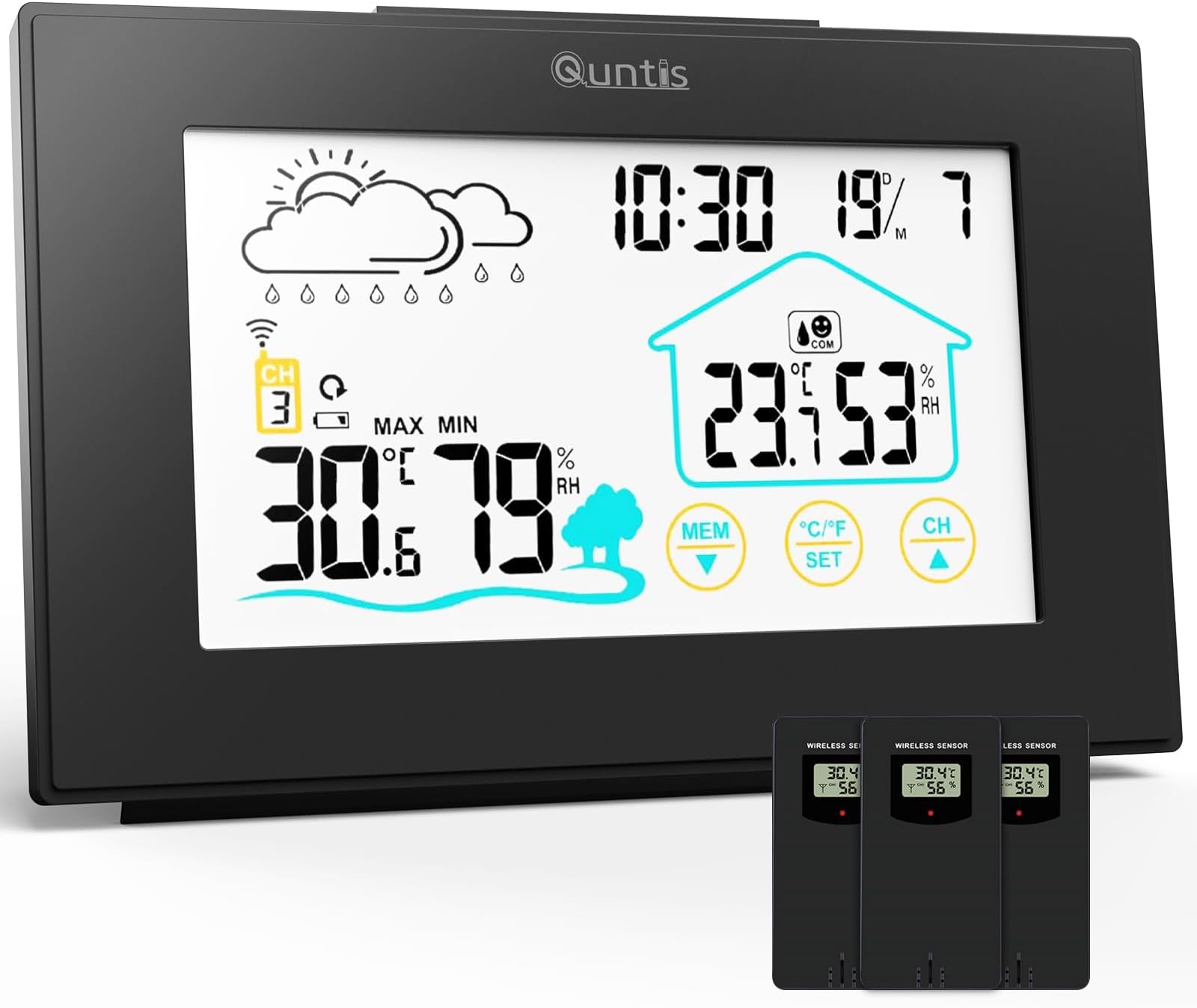 Quntis Wireless Weather Station with 3 Outdoor Sensors, Thermometer Hygrometer Digital Indoor and Outdoor Multifunctional Wireless Weather Station with Time Display, Weather Forecast Alarm Clock