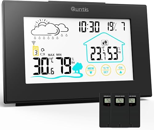 Quntis Thermomètre Hygromètre 3 Canaux Sans Fil Intérieure Extér Station Météo