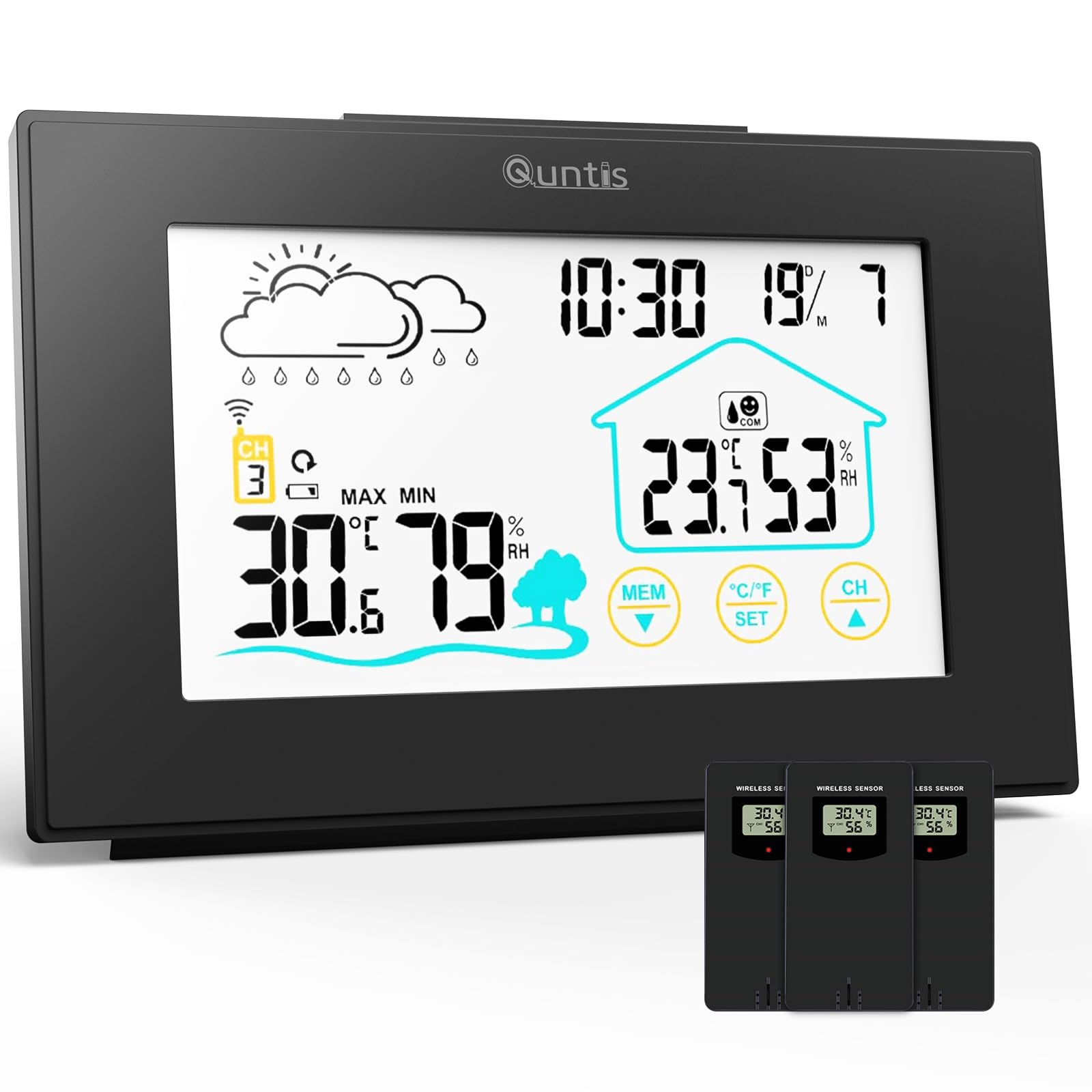 Quntis Wireless Weather Station with 3 Outdoor Sensors, Thermometer Hygrometer Digital Indoor and Outdoor Multifunctional Wireless Weather Station with Time Display, Weather Forecast Alarm Clock