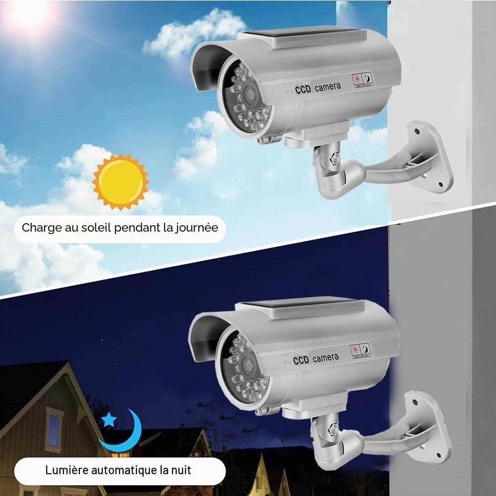 Lot de 2 alarmes factices pour maison factice à énergie solaire - Pour l'extérieur - Avec capteur de lumière clignotante rouge réaliste et autocollant d'avertissement