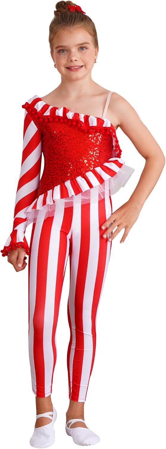 YiZYiF Girls Candy Cane Striped Unitard for Christmas Sequins Long Jumpsuit Dancewear Ballet Dance Leotard