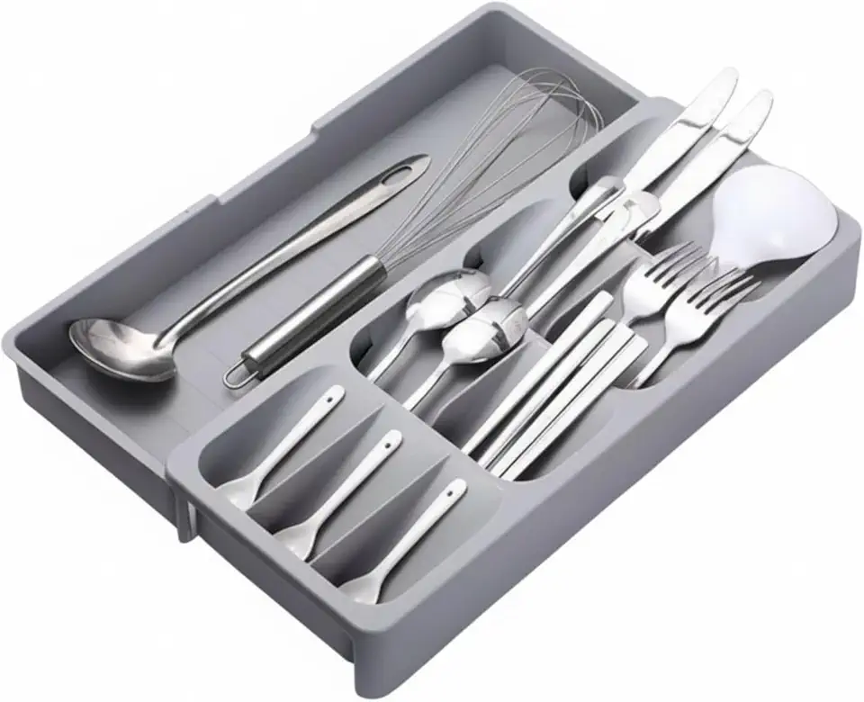 Organizador de Talheres Ajustável para Gaveta e Mesa com 9 Divisórias, 40,5 x 16,5 x 5,5 cm | Porta Talher Expansível Compacto | Bandeja para Gaveta de Cozinha