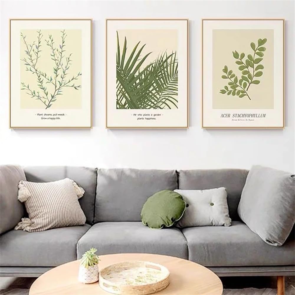 WUHBCZ Art Pictures-Abstract Green Simple Plant Beige Poster Art Canvas Painting Palm Tree Banana Leaf Modern Hanging Painting Living Room Interior Decoration-50 * 70cm/3PCS (No Frame)