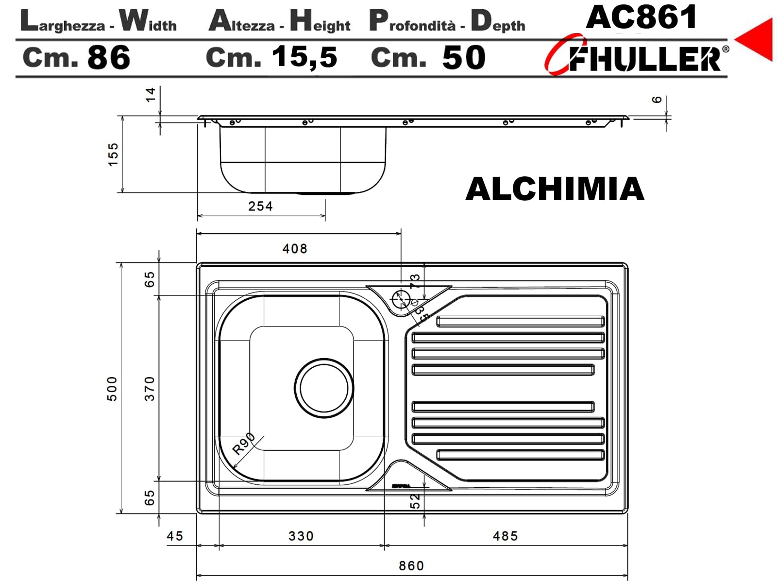 AC861LVE ● Lavello Incasso Cucina FHULLER Mod. ALCHIMIA 86X50 1 Vasca Destra Gocciolatoio Sinistro Spessore 5/10 con Vasche STAMPATE Profonde 15 cm. Ralizzato in Acciaio Inox Prelucidato Made in Italy