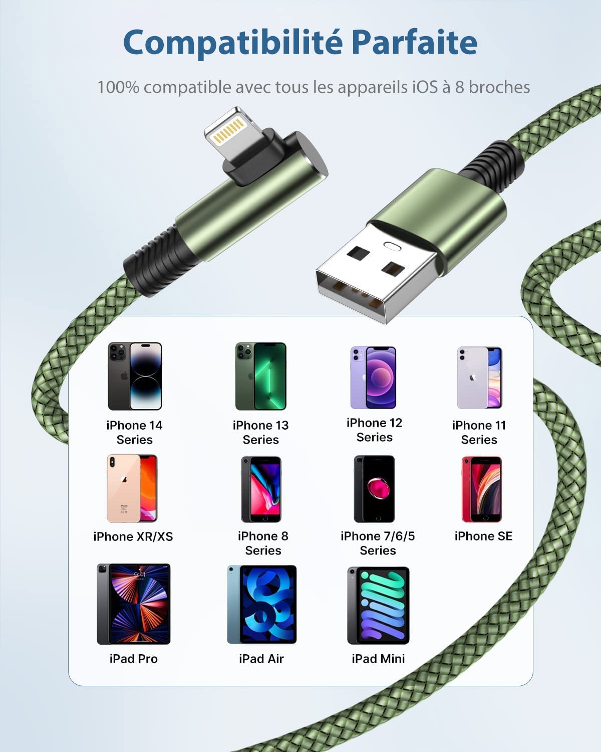 Yosou Câble iPhone [2m/Lot de 2] Cable Chargeur iPhone Angle droit 90 Degrés Certifié MFi Câble Lightning Nylon Tressé Cordon Fil Chargeur Rapide pour iPhone 14 13 12 11 Pro Max XS XR X 8 7 SE,iPad