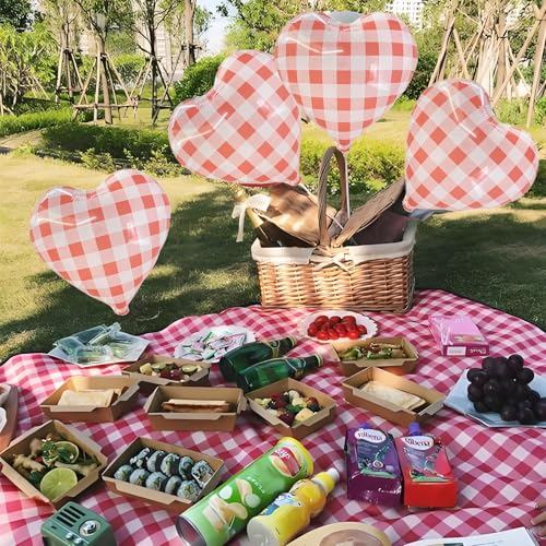 Image of 4pcs 18 inch Red Heart Checked Balloons Checkerboard BBQ Picnic Ballons Striped Plaid Heart Foil Balloon for Picnic Party Decorations BBQ Party Decor Love Birthday Party Baby Shower Versatile Party Decor