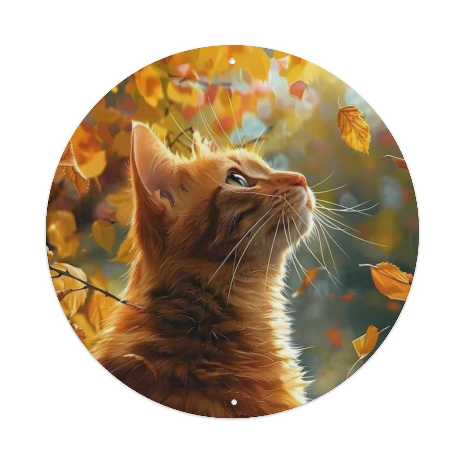 Animal Long-haired Ginger Tabby Cat Autumn Fall Cozy Nature Scene Vintage Metal Tin Sign Plaque Wall Decor for Cafe, Club Bar, Office, Garden Metal Poster 8x8Inch