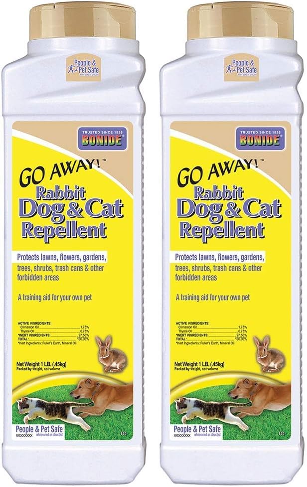 Bonide Vete! Gránulos repelentes de conejos, perros y gatos, 1 libra listos para usar, mantiene a los perros alejados del césped, jardín, mantillo y