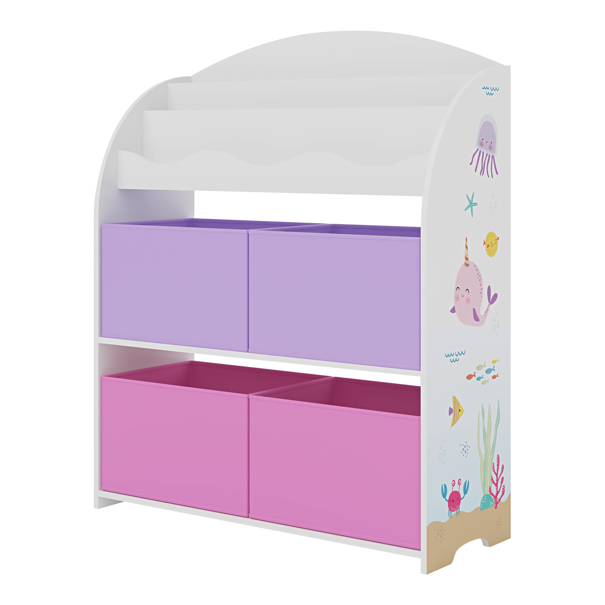 [en.casa] Estantería Infantil de 3 Niveles y con 4 Cajas Librería con Motivos Infantiles Dormitorio para Niños Habitación Infantil 98x83x30 cm Aglomerado - Motivo del Océano Púrpura/Rosa