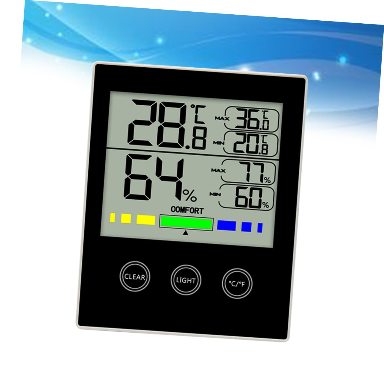 Touchscreen Digitales Innenraum Hygrometer mit Beleuchtung, Schwarz | Zimmerthermometer Digital Innen, Uhr für Innenbereich, Geeignet für Zuhause und Büro