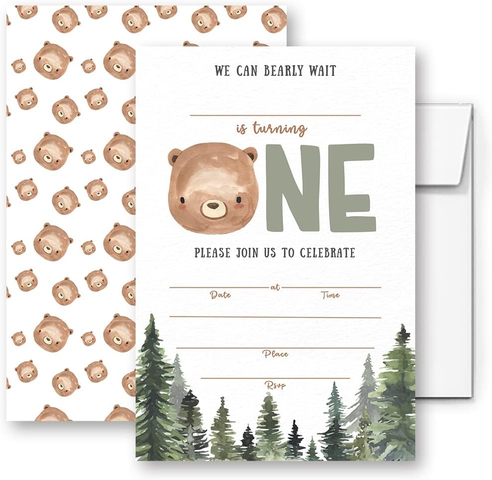 Bear First Birthday Invitation, Bear Party Invitation, Woodland Bear First Birthday Invitation (024)