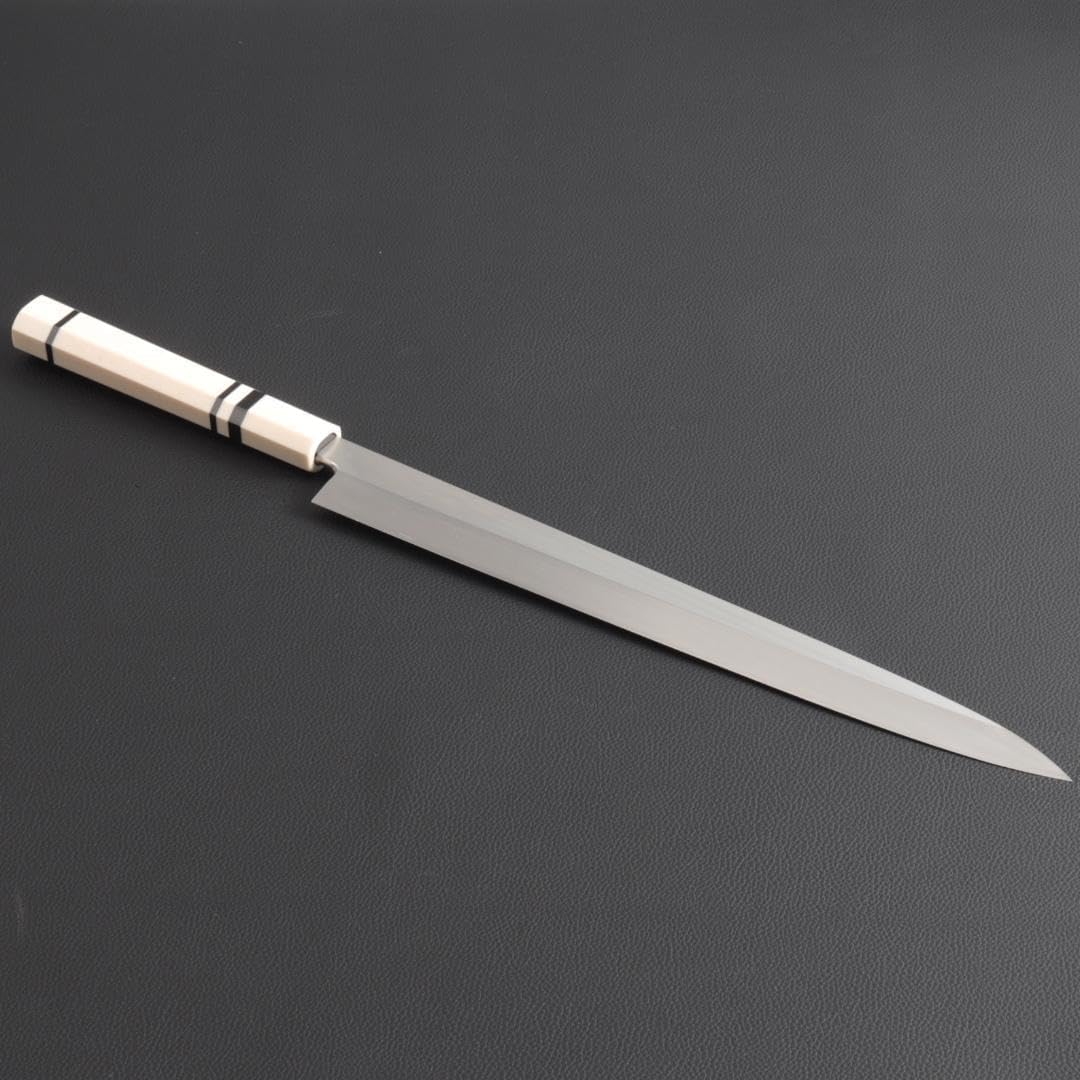 8222 先丸柳刃包丁 尺 鏡面仕上げ 刃は究極の切れ味 人工象牙黒三本巻