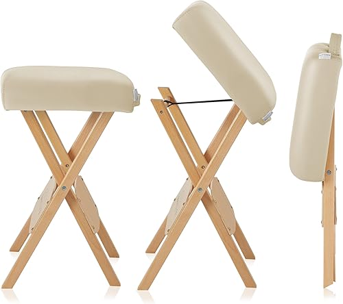 Miniatura 6 de Saloniture Taburete de masaje plegable de madera con estuche de transporte, color crema