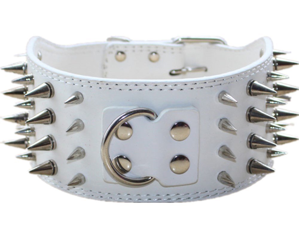 Studded Dog Collar, 3" Sharp Spiked Leather Dog Collar fit Training,Sports,Walking,Medium,Large,X-Large,for Pitbull,Labrador,Boxer (XL:21-24 inch, White)