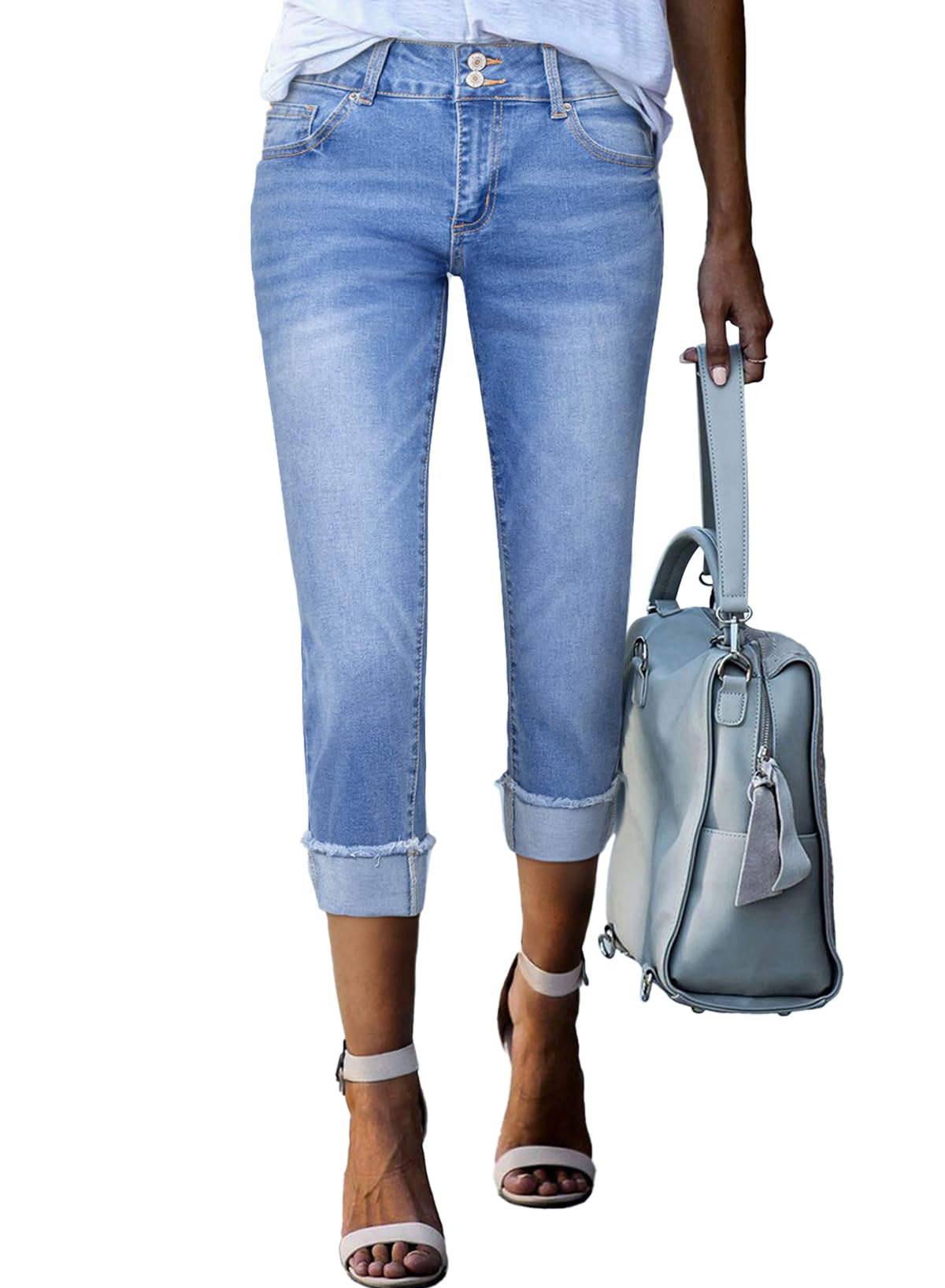 Sidefeel Women's Capri Jeans High Waisted Stretchy Roll-up Skinny Cuffed Cropped Zimbaplatinum Summer Capri Pants