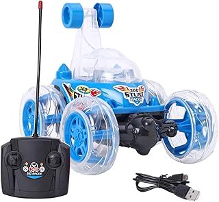 سيارة حركات بهلوانية بتحكم عن بعد من اونلاين اس اي ساستا، سيارة سباق كهربائية دوارة 360 درجة، مزودة بتحكم لاسلكي وأضواء وموسيقى، بطارية قابلة لإعادة الشحن للأطفال من سن 3 سنوات فما فوق، (لون أزرق)