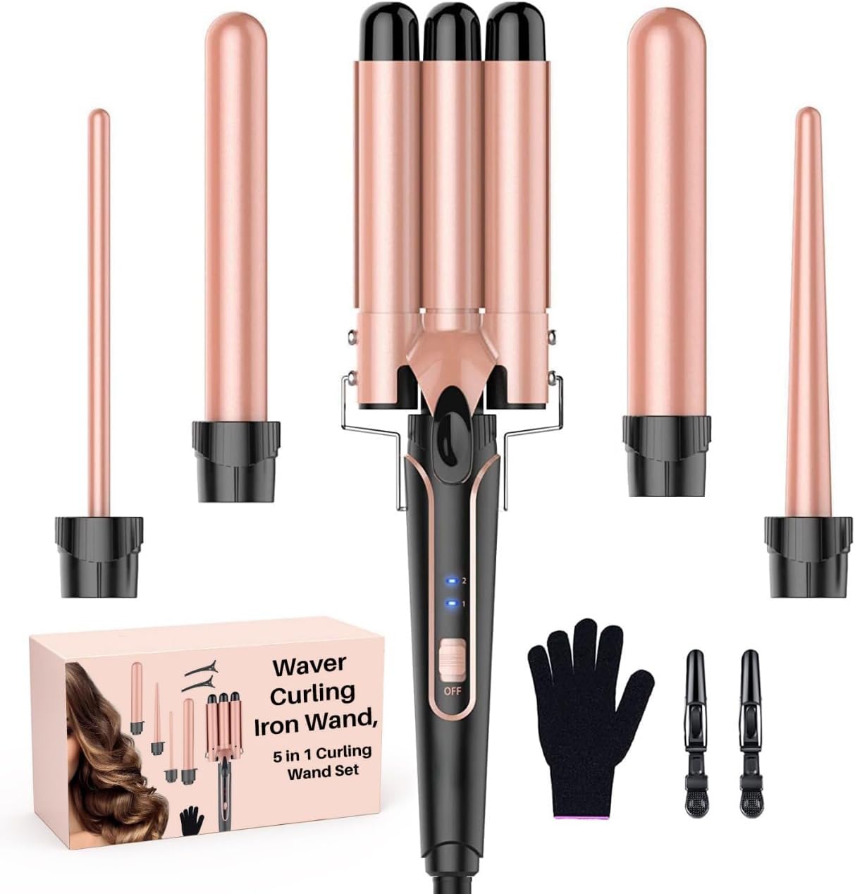 5-in-1 Waver Curling Iron Wand | 3 Barrel Hair Crimper & Interchangeable Curling Wand Set | Fast-Heating Hair Curler for All Hair Types | Professional Hair Styling Tool for Women
