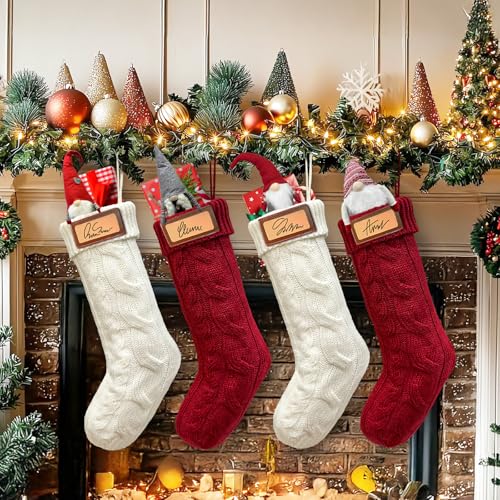 OurWarm Pacote com 4 meias de Natal personalizadas com nomes, meias brancas vermelhas tradicionais d