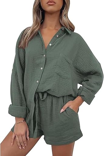 Womens 2 Pieces Loungewear Set Oversized Shirt and Shorts Matching Pajama Set Casual Spring Outfits 2026