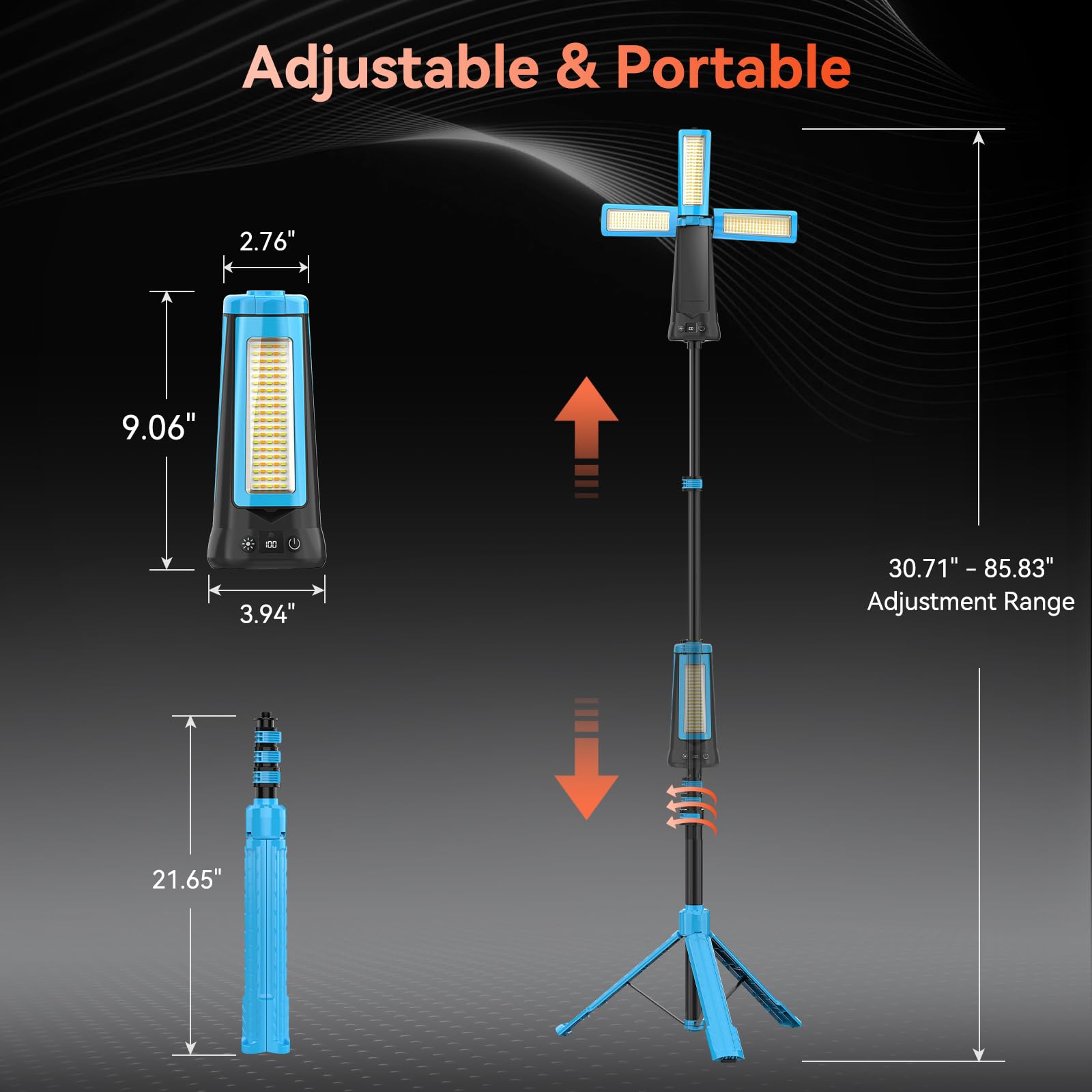 Luce di campeggio ricaricabile 15000mAh con il supporto, luce senza cordone del lavoro, blu | Lanterna da campeggio con 3 teste di lampada a LED, 5500 lumen, torcia di emergenza con treppiede staccabile da 218,4 cm