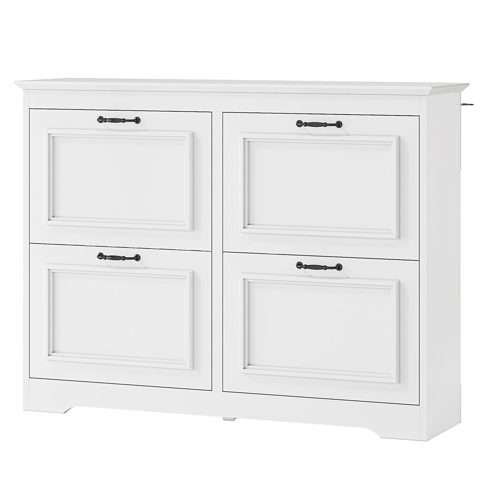 Brinlawb Meuble à Chaussures Entree, Armoire à Chaussures avec 4 Portes abattantes,Séparateur Réglable, Peut contenir 18 à 24 paires de chaussures Pour entrée, couloir, séjour, chambre,4 tiroirs Blanc