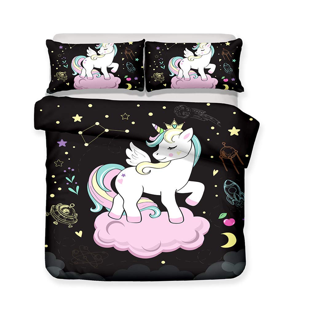 Ropa de cama de unicornio con funda nórdica y fundas de almohada de tres piezas para cama individual