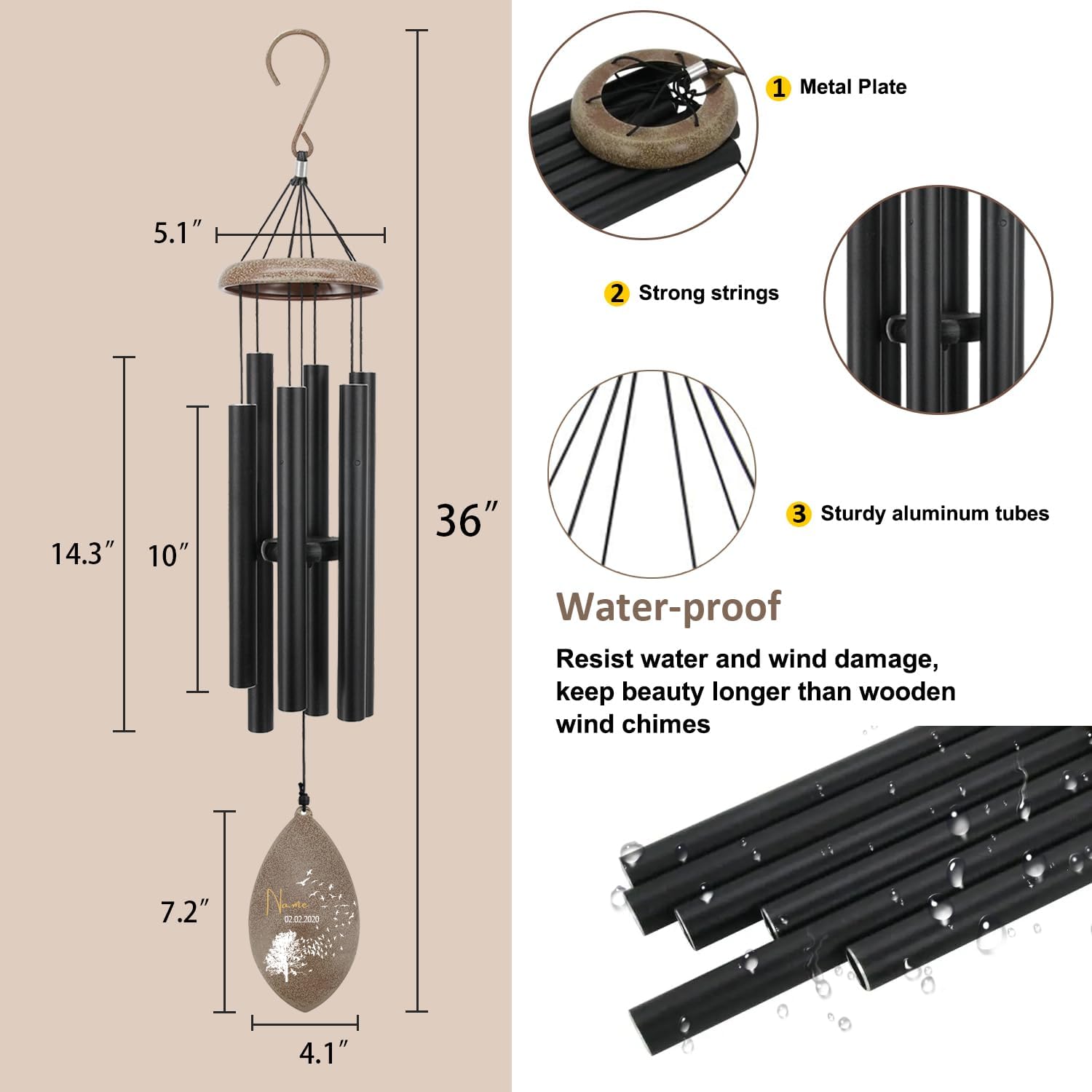 Personalized Sympathy Wind Chimes, Customized Name Wind Chimes, Commemorative Wind Chime for Loss of Loved Dad/Mom, Deep Tone Wind Chime 36inch, Outdoor Decor (Produced in USA)