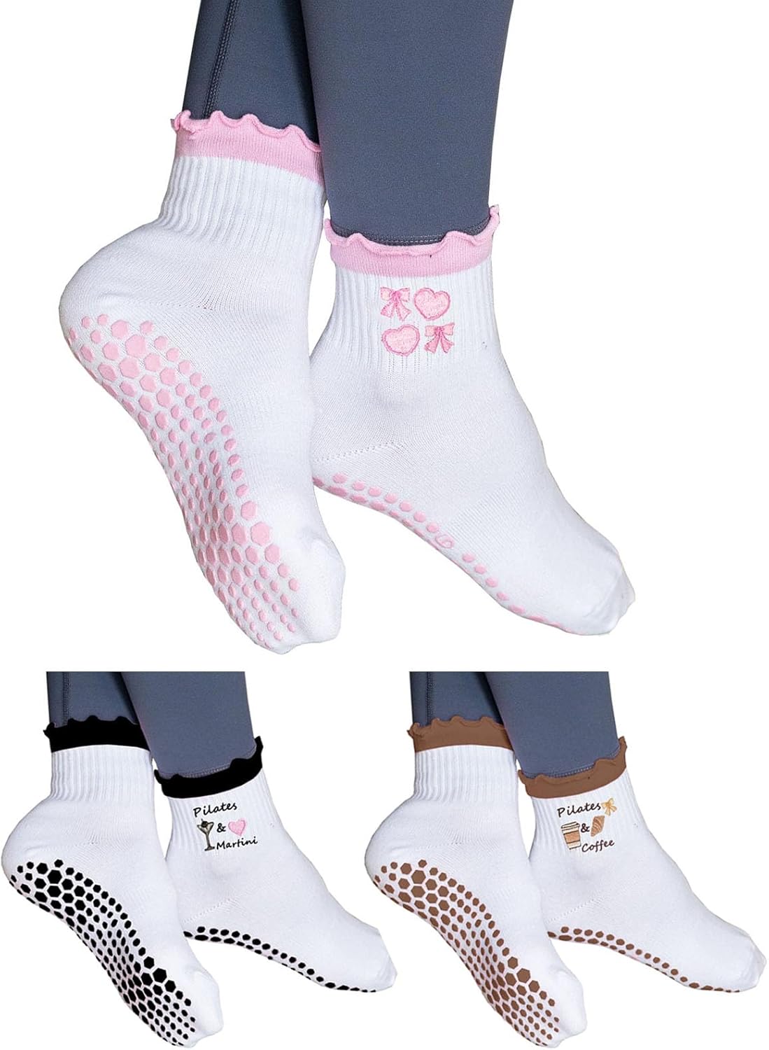 Women Cute Pilates Socks Grip Crew Yoga Socks Ruffle Cuff Embroidery Pattern Workout Ballet Socks