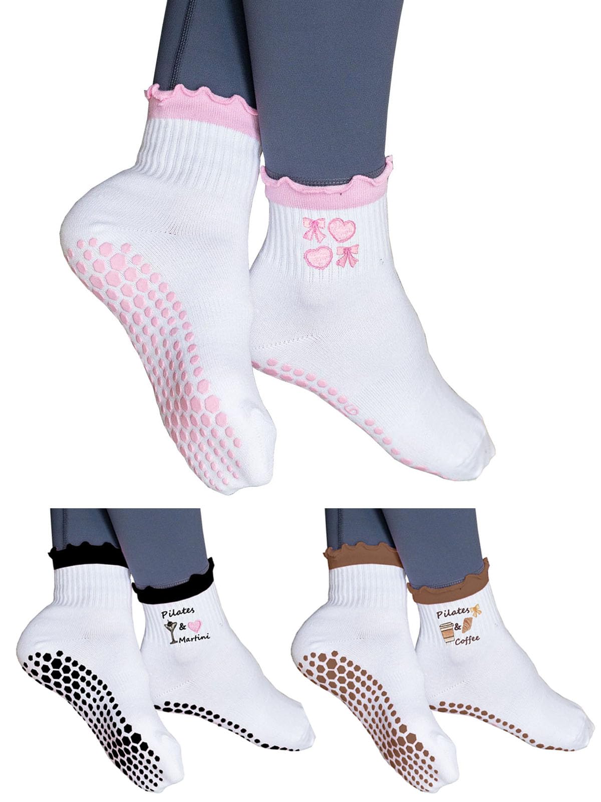 Puedizux Women Cute Pilates Socks Grip Crew Yoga Socks Ruffle Cuff Embroidery Pattern Workout Ballet Socks