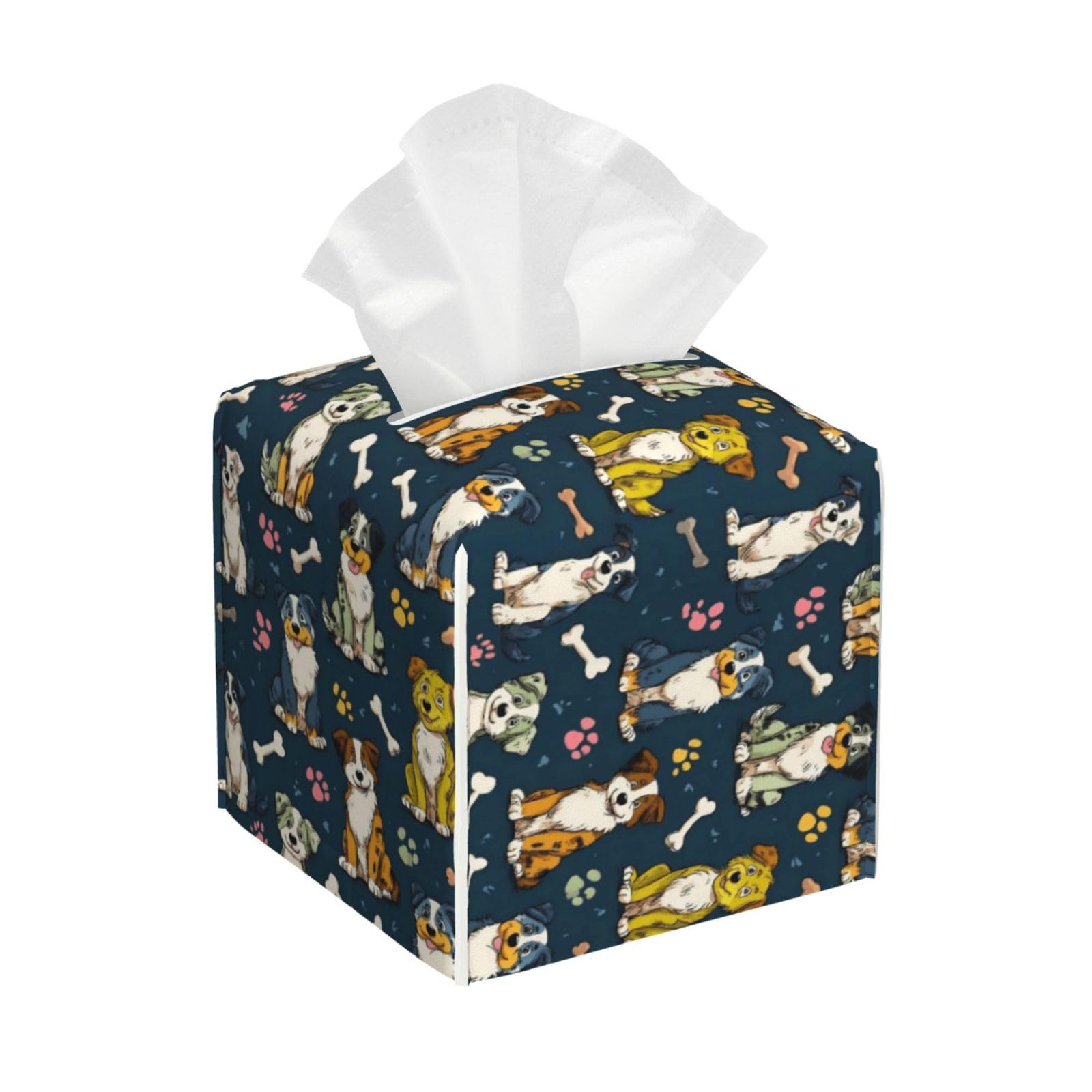 Cartoon Dog Paw Print Tissue Box Cover Holder Square, Foldable Modern Cube Tissue Box Cover, Leather Decorative Organizer for Tabletop Bathroom Car Office Desk Decor