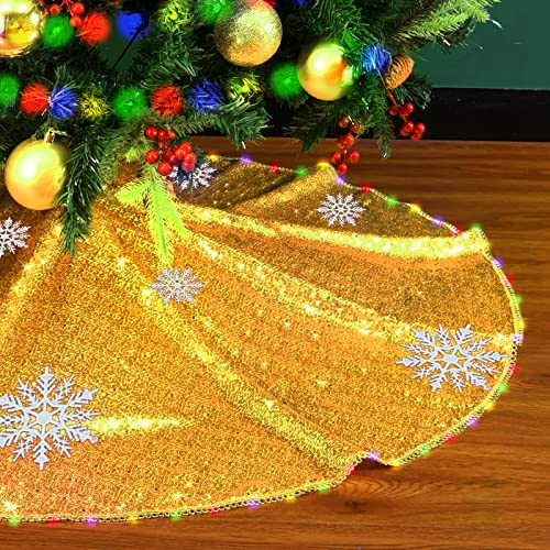 Weihnachtsbaumdecke mit Pailletten, goldfarben, 122 cm mit Lichtern, Schneeflocken, Weihnachtsbaum-Basisabdeckung für Innen- und Außenbereich, Urlaub, Party, Weihnachtsdekorationen Cover