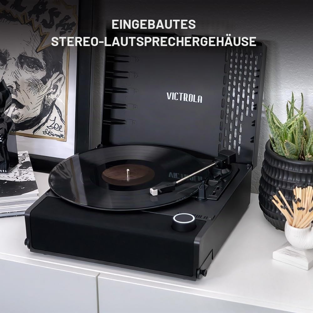 Victrola Revolution GO Tragbarer Bluetooth-Plattenspieler Mit Akku, 12 Std. Laufzeit, 3 Geschwindigkeiten, Riemenantrieb, RCA-Ausgang & 3,5-mm-Kopfhöreranschluss (Schwarz)
