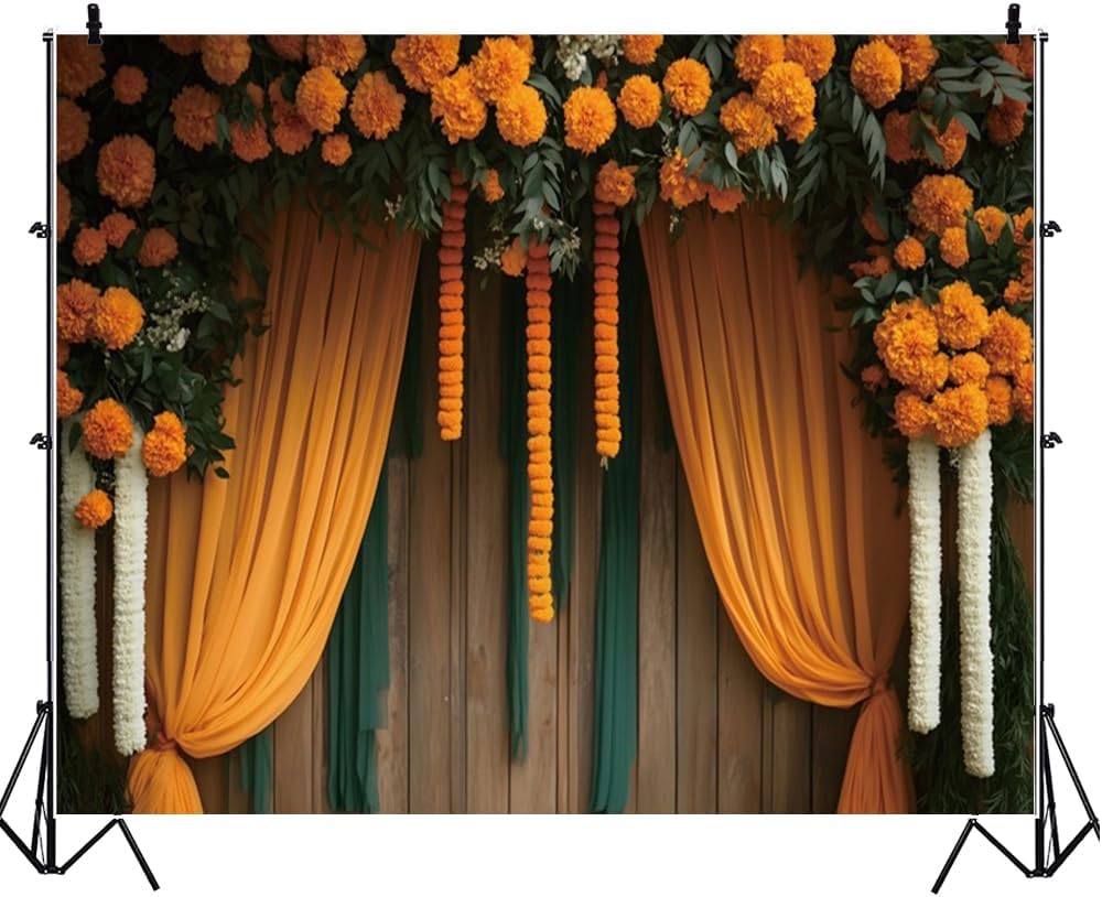 Indian Pooja Backdrop 10x8ft Puja Ganpati Diwali Decorations Traditional India Photography Background Green Yellow Flowers Curtain Large Banner for Religious Festival Wedding Portrait Photoshoot