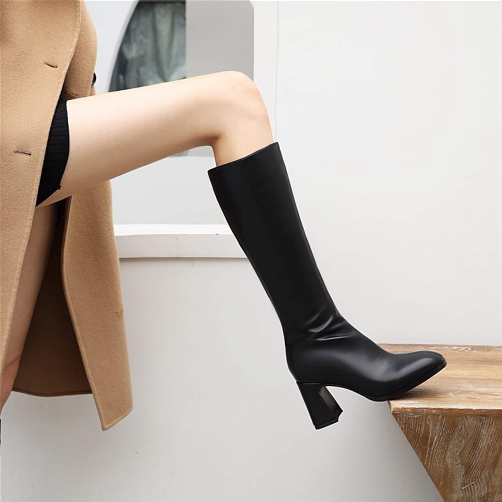 Damskie buty Kozaki damskie do kolan, Kozaki na grubym obcasie, Kozaki damskie na wysokim obcasie z bocznym zamkiem błyskawicznym Kozaki do kolan (Color : Black 2 Thin Fleece inside, Size : 36 EU)
