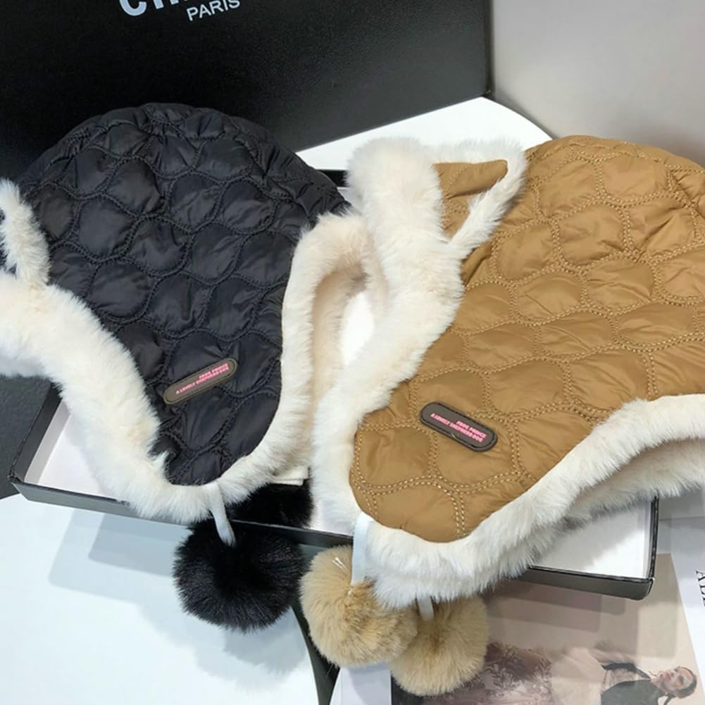 Womens Faux Fur Trapper Hat Cute Cartoon Russian Ushanka Hat Winter Warm Ear Flaps Furry Pompom Skull Hat Black