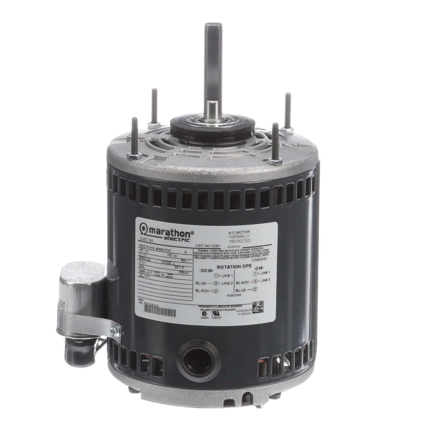 Marathon X261 48Y Frame 48A8O151 Open Air Over OEM Greenheck Fan Motor, 1 Phase, Permanent Split Capacitor, Ball Bearing, 1/8 hp, 825 RPM, 1 Speed, 115 VAC
